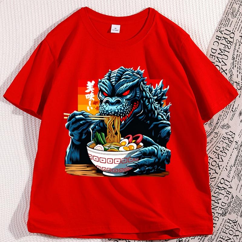 Funny Kaiju Eating Ramen Tshirt Japanese Monster Noodle Design T Shirt Anime Food Printed Tshirt Men Women Short Sleeve Tees