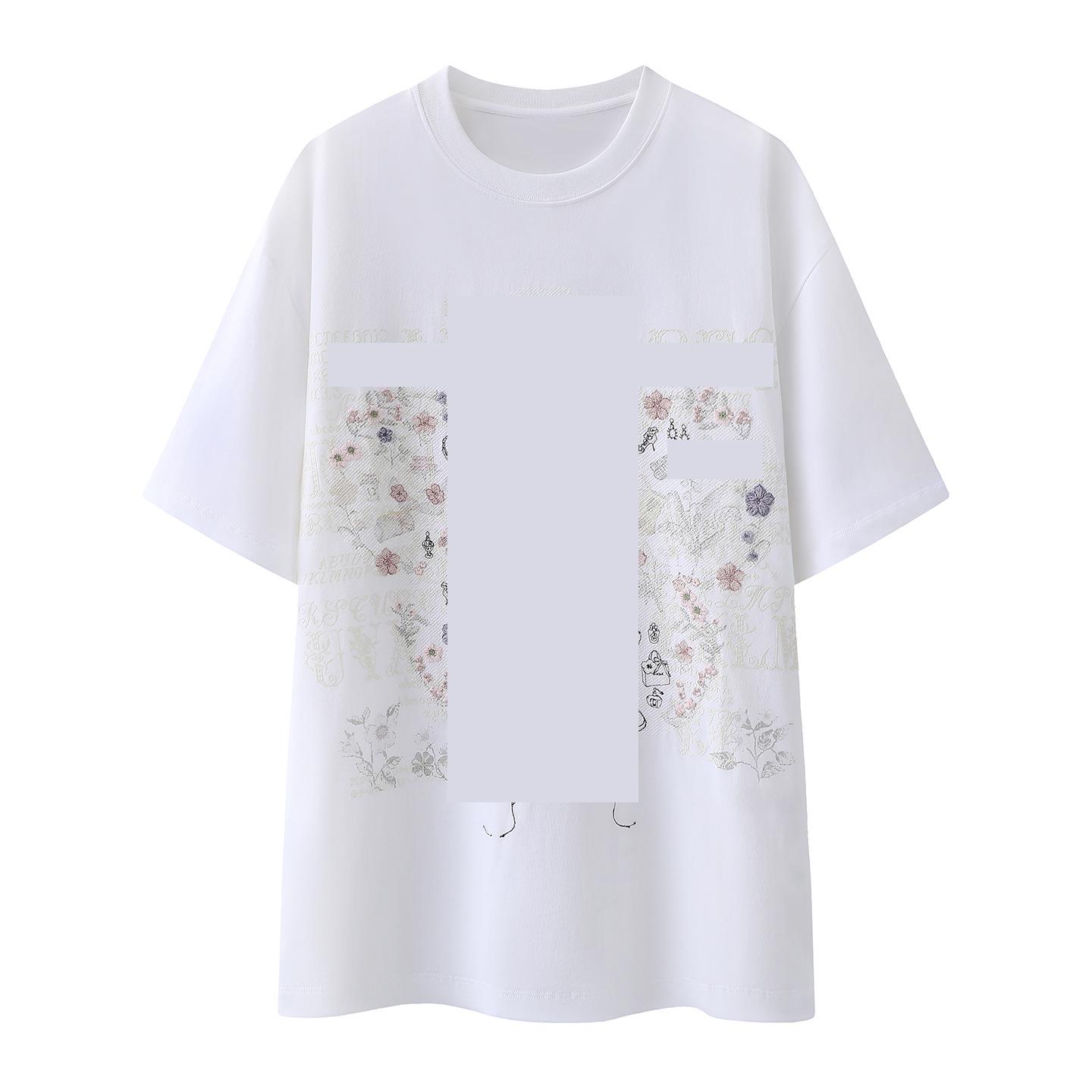 Spring 2026 Women s Loose Floral Cartoon Embroidered Short Sleeve T-shirt XS белый