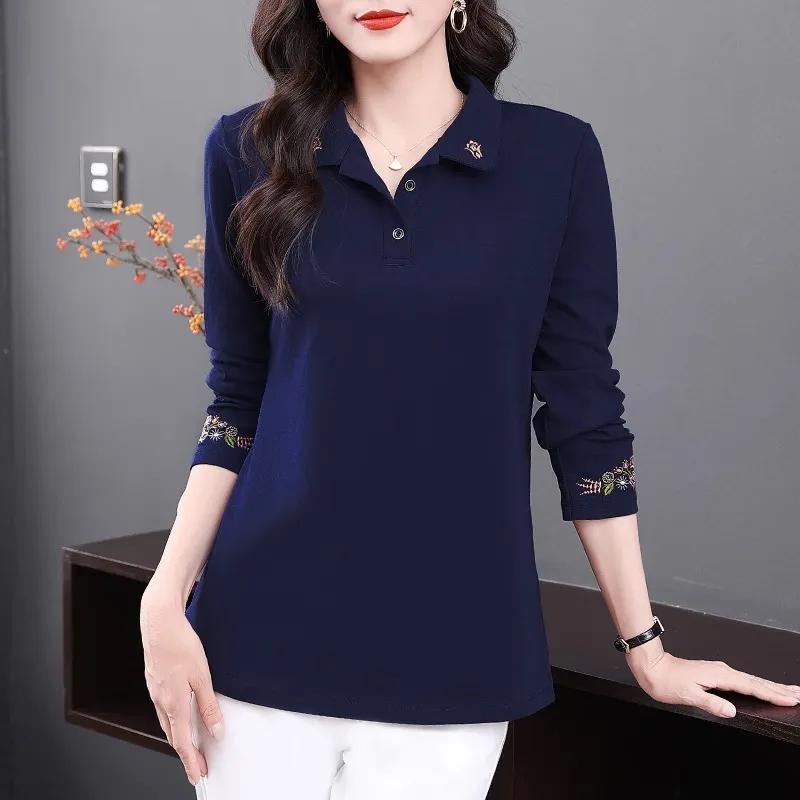 Women's Spring and Autumn Plus Long Sleeved Slimming T-shirt with Exquisite Design and Simple Base Polo Shirt