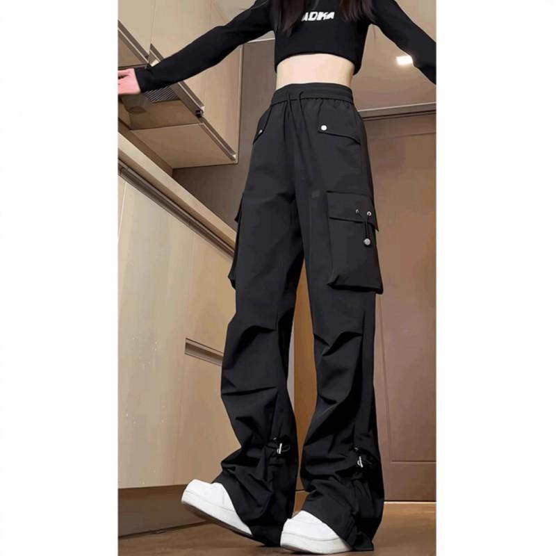Womens Black Cargo Pants Loose Fit High Street Style Lightweight Wide Leg Workwear Trousers