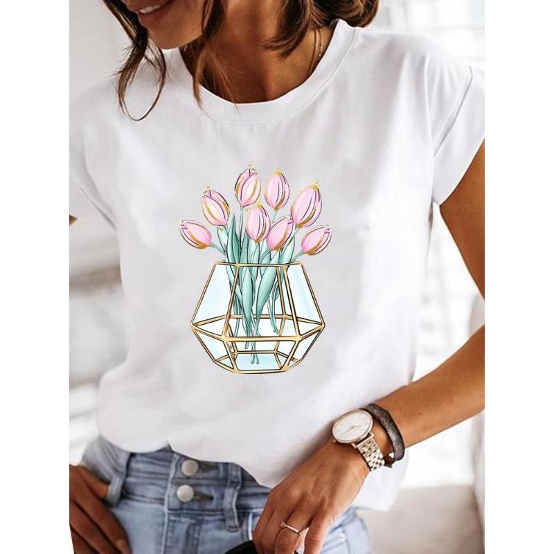 Sommer Rundhals Herzförmige Blume Liebe Aufdruck Top Modisches Lässiges Reines Baumwoll Kurzarm Damen T-Shirt