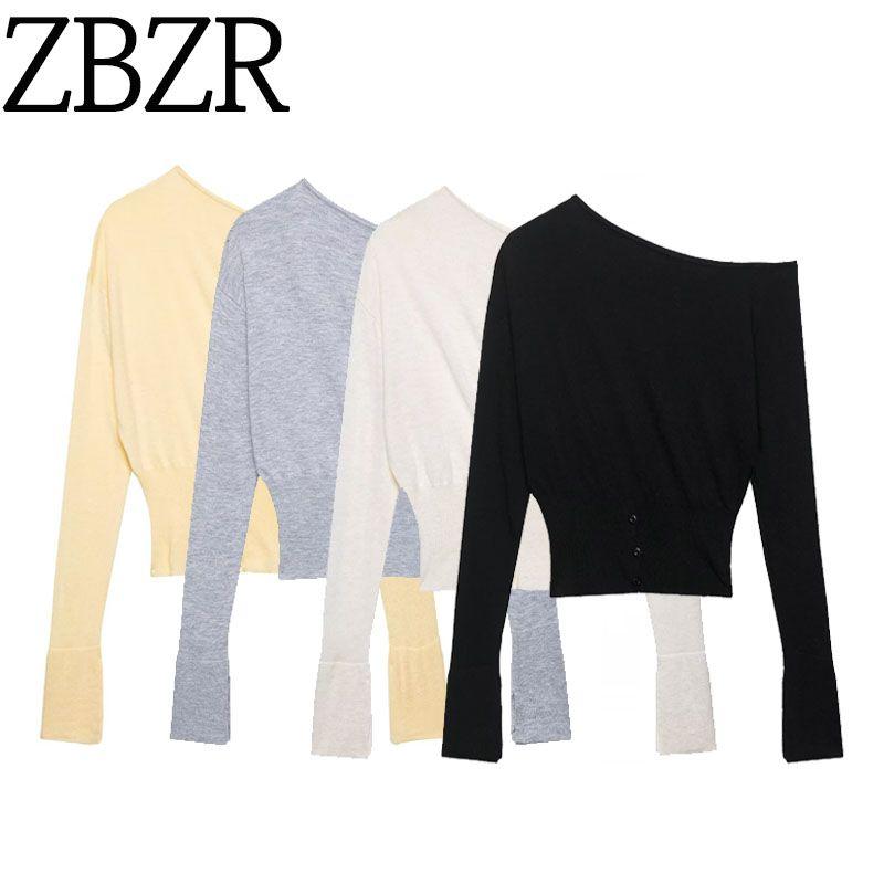 Za Export New Arrival Women's Clothing ZR Fashion Style off-Shoulder Collar Slit Slim-Fitting Pure Color Sweater Knitwear Long Sleeves