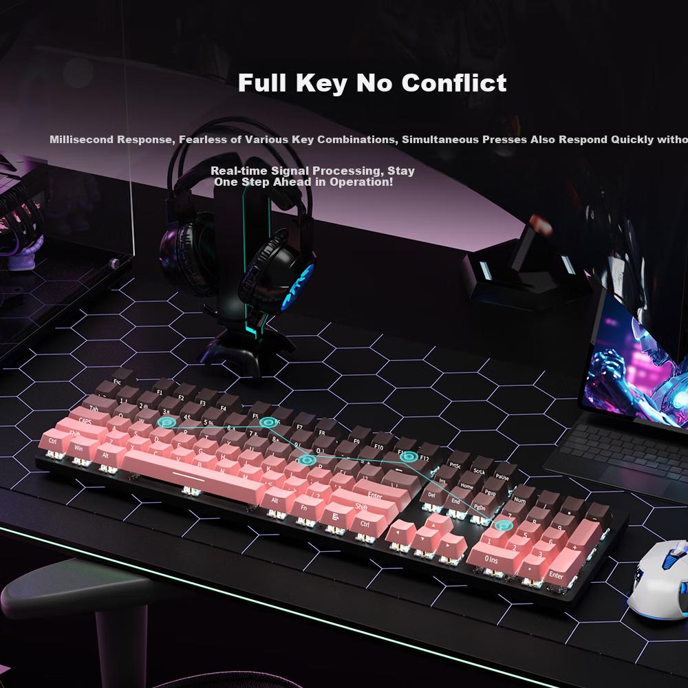 HP Mechanical Keyboard, Wired for Office And Gaming, Side-Engraved Gradient Blackberry Pink, White Light Switches, 104 Keys