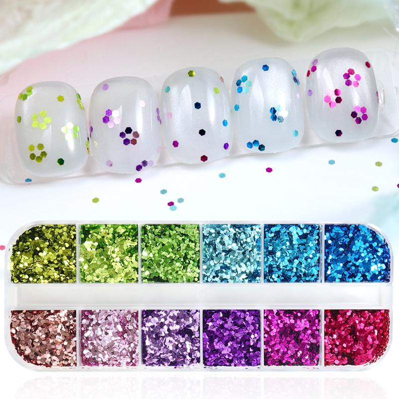 12 Grids Sparkling Mini Hexagon Nail Glitter Sequins DIY Shiny Manicure Decor for Party Festival Nail Makeup