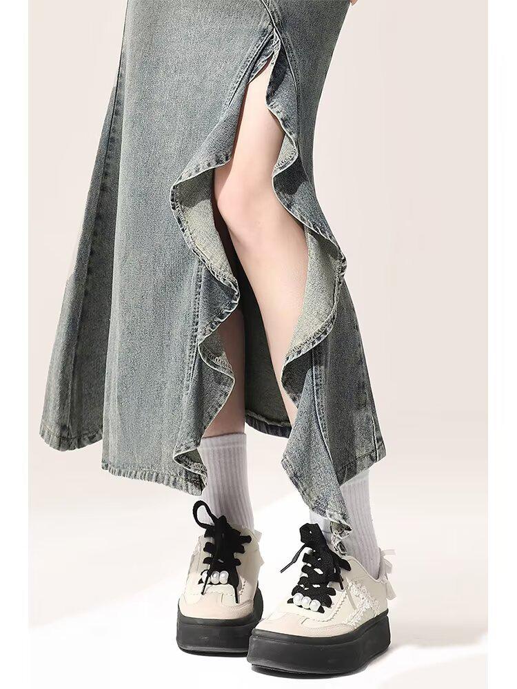 Women's Retro High-Waist Lace Fishtail Denim Midi Skirt