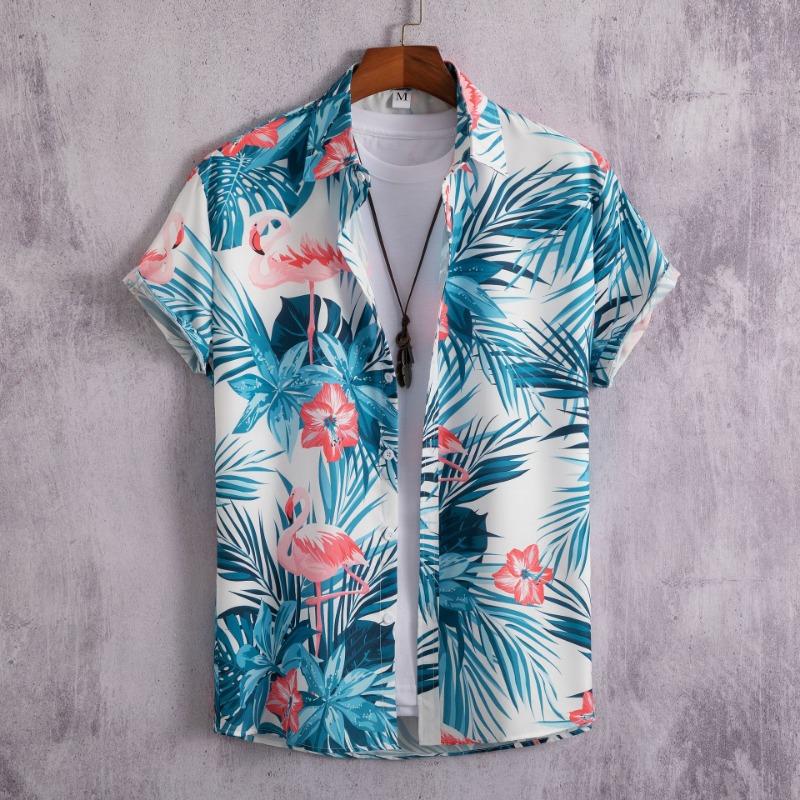 Hawaiian Shirt Men Fashion Flower Geometric Printed Blouse Single-breasted Beach Short SleeveTops Men's Holiday Clothing