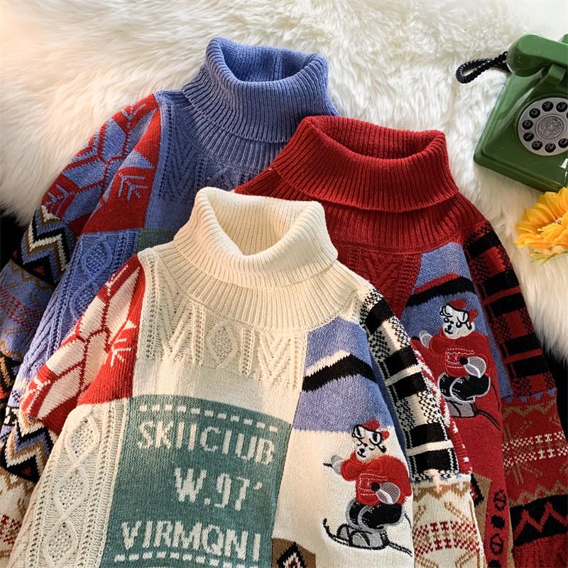 Unisex Vintage High Neck Knit Sweater Loose Fit Retro Pullover Winter Daily Wear