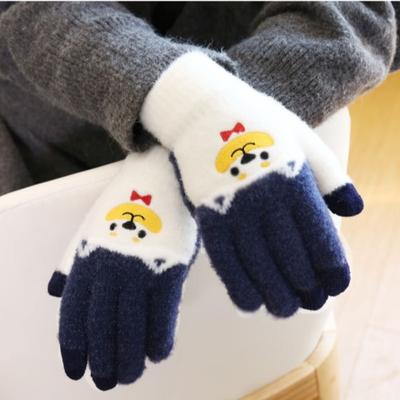Gloves Female Winter Student Cartoon Autumn and Winter Warm Cute Plush Full Finger Embroidery Thickened and Velvet