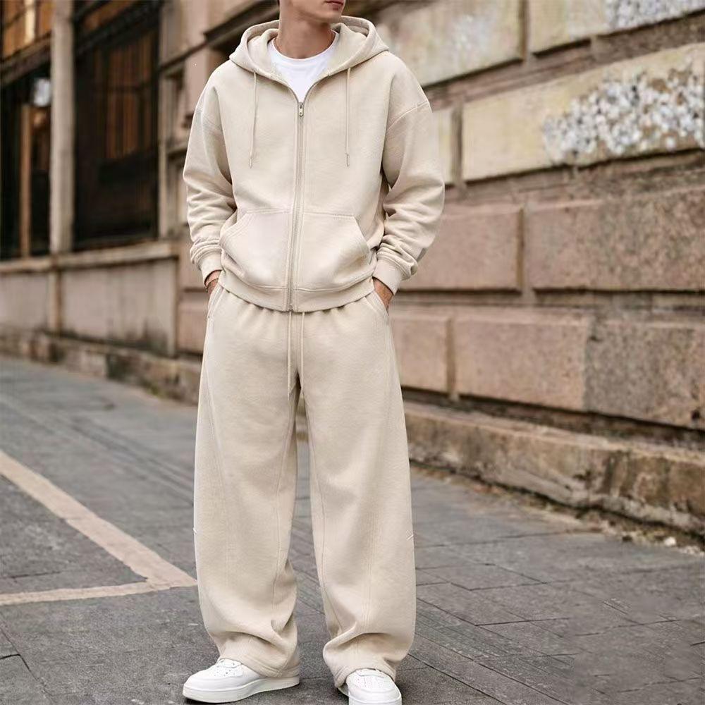 American Fashion Solid Color Zipper Hoodie and Wide Leg Pants Casual Set