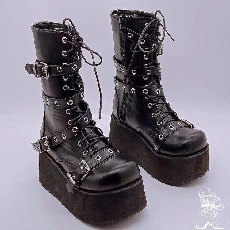 Large Size Women's Boots Punk Belt Buckle Platform Tall Boots Women's Martin Boots