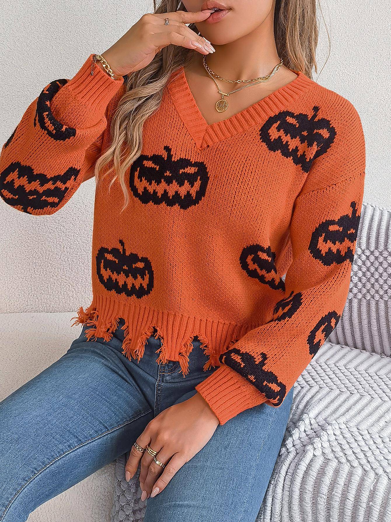 

Autumn and Winter Halloween Contrasting Colors Pumpkin Long-sleeved Pullover Sweater Women s Clothing S помаранчевий