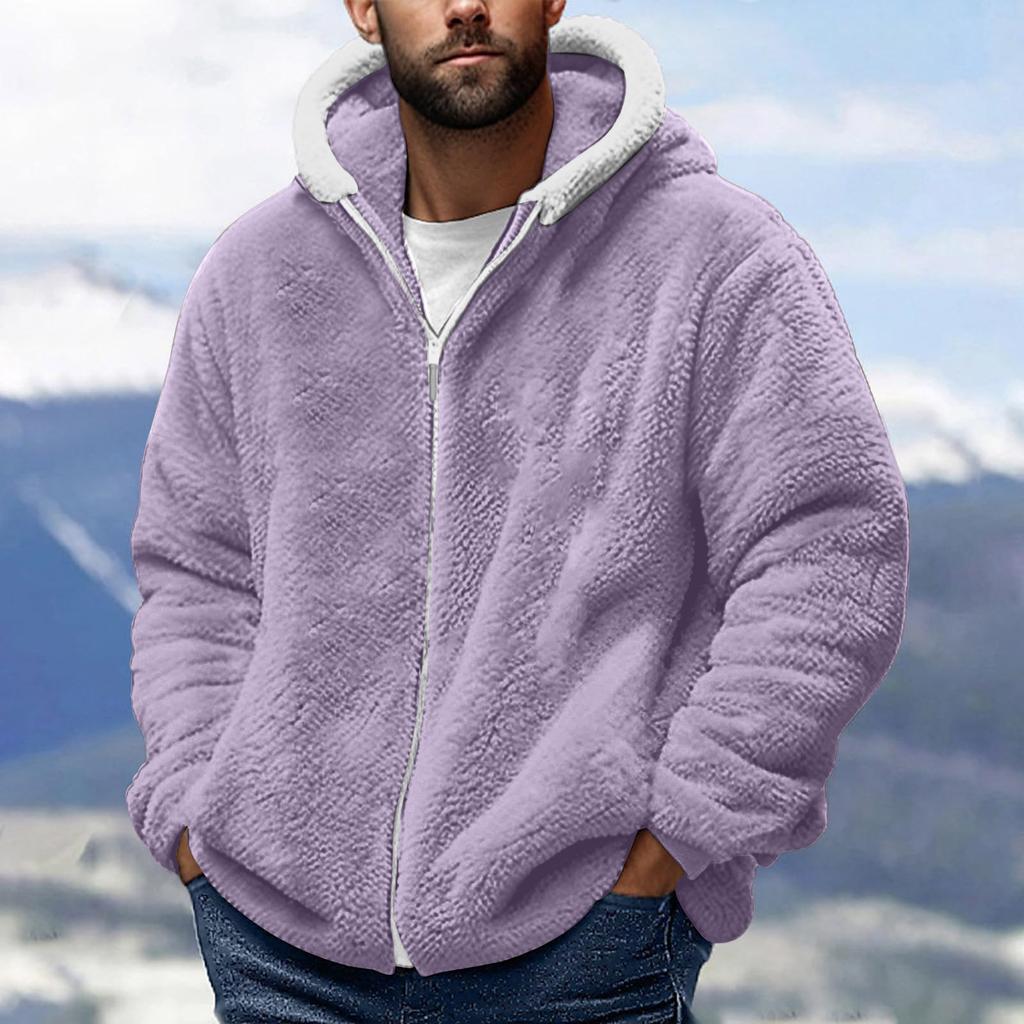 Men's Fashion Solid Color Patchwork Sweatshirt Loose Double-sided Velvet Warm Jacket Zipper Outerwear