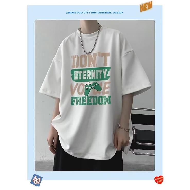 Men'S Trendy Letter Round Neck Printed Short Sleeved T-Shirt For Summer Ins Loose Casual Top