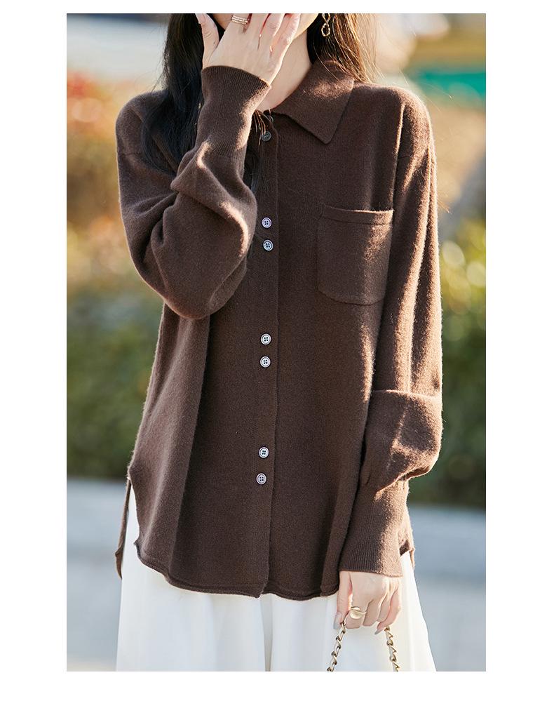 Women's Pure Wool Knit Cardigan Jacket - Spring/Autumn 2025 POLO Collar, Korean Style, Slimming, Loose Fit, Button-Up Sweater