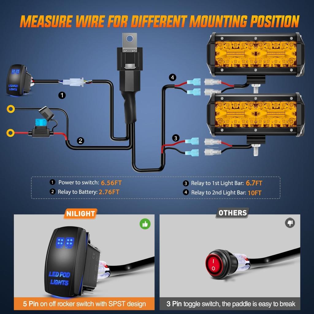 Nilight Led Light Bar 2PCS 6.5 Inch Amber 120W Spot Flood Combo Waterproof Triple Rows Off Road Fog Lights with 12V 5Pin Rocker Switch Wiring Harness