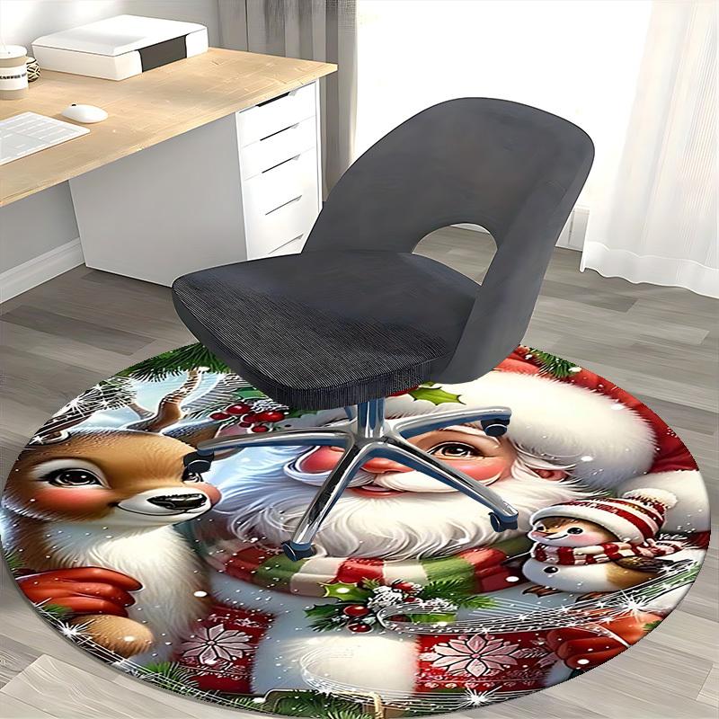 1pc Christmas Santa Claus Deer Snowman Round Carpet Anime Design, Holiday Gift, Office Chair Mat, Non Slip Rug, Office, Living Room, Bedroom