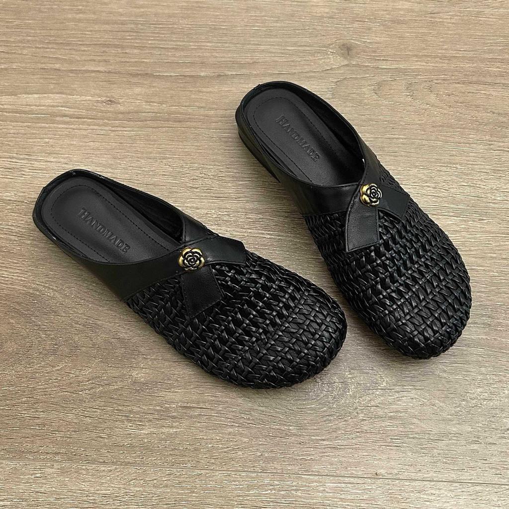 Sheepskin version~ Camellia leather slippers women's wear flat casual half slippers versatile lazy woven shoes