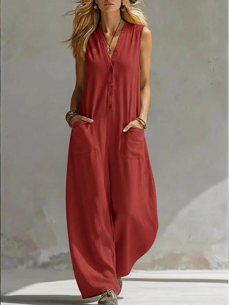 Sleeveless V-Neck Buttoned Linen Cotton Jumpsuit with Double Pockets for Casual Summer Holidays