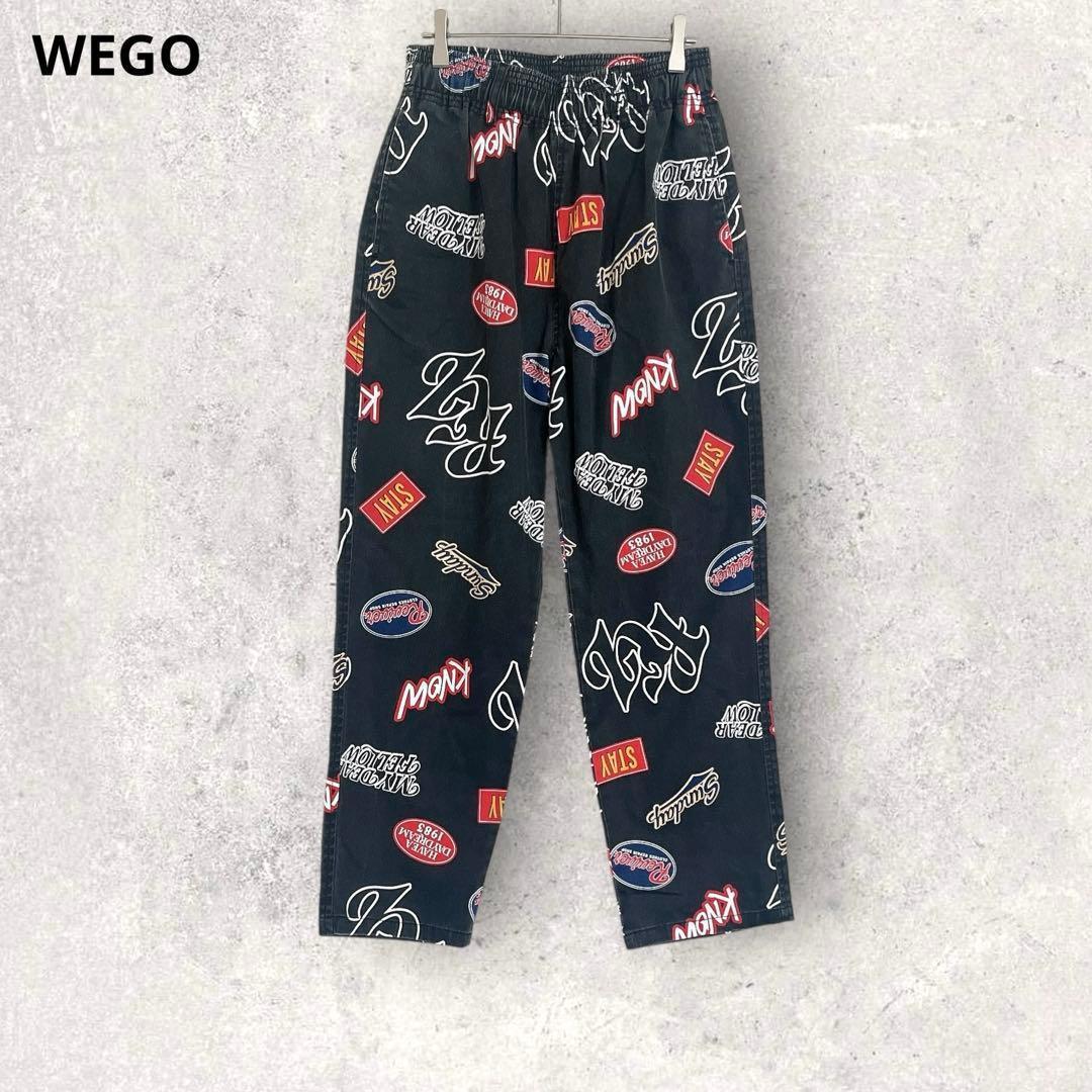 WEGO Casual Pants Elastic Waist Logo Print Black Allover Pattern S Cotton Blend