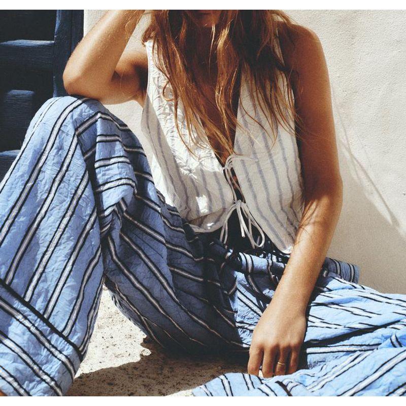Spring New Wrinkle Effect Stripes Vest Style Tops 2010772 Pajamas Style Pants 4661410
