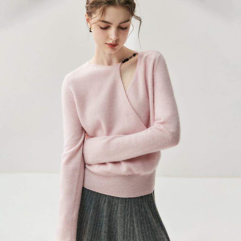 

Женский асимметричный кашемировый свитер с перекрещенным воротником и подвернутыми манжетами – Элегантный вязаный базовый слой для осени/зимы 2XL