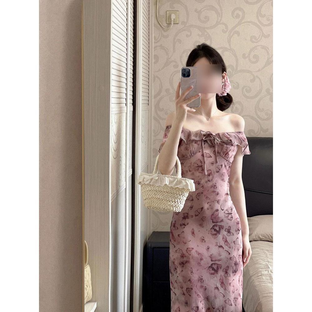 

Розовое цветочное платье женское приталенное и стройнящее нежный темперамент юбка на бедрах летнее с маленькими рукавами-крылышками красивое длинное платье XL- (recommended 110-60kg)