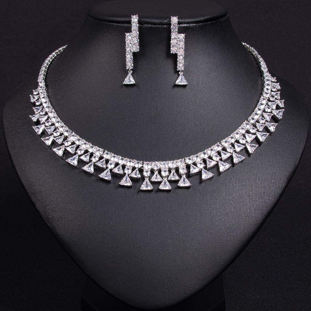 Women's Light Luxury Design Zircon Geometric Triangle Necklace Earring Set Fashionable And Versatile Niche Design Sense Set