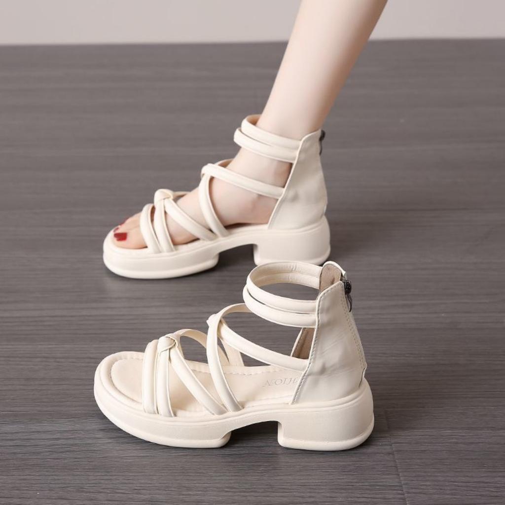 Sandales à plateforme épaisse pour femmes - Bout ouvert, Talon moyen, Design à lacets, Bride réglable, Sandales à plateforme épaisse | Sandales à bride réglable