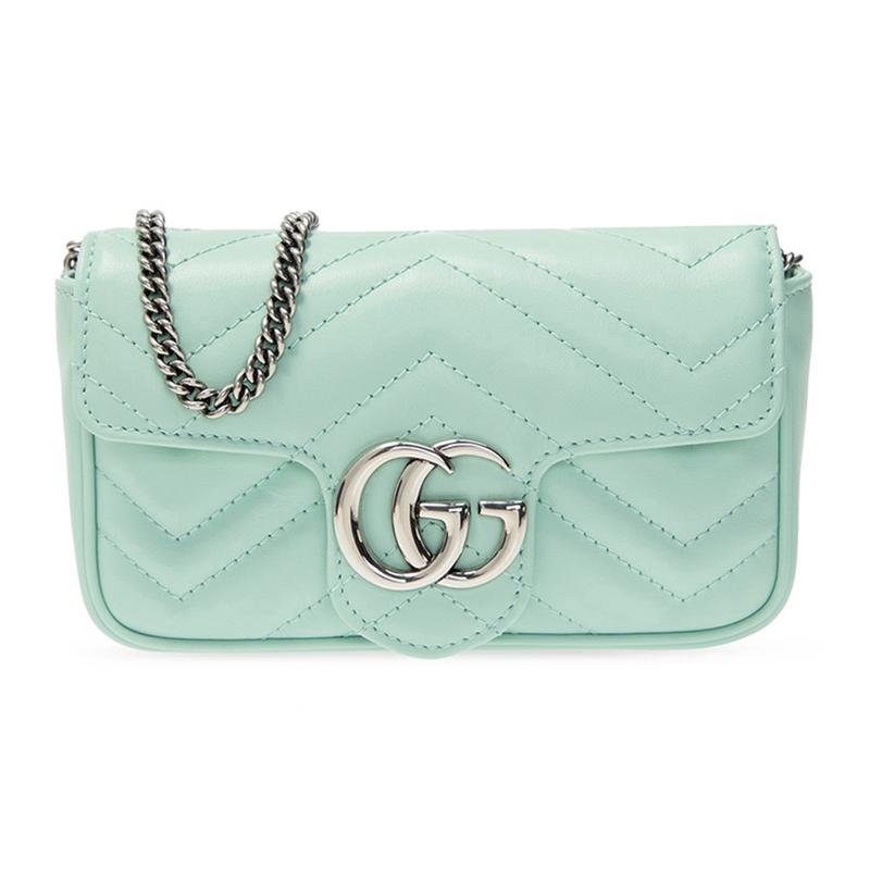 Gucci GG Marmont Marmont Etichetta Argento Logo Catena Pelle Trapuntata Borsa a Spalla Super Mini Donna Verde
