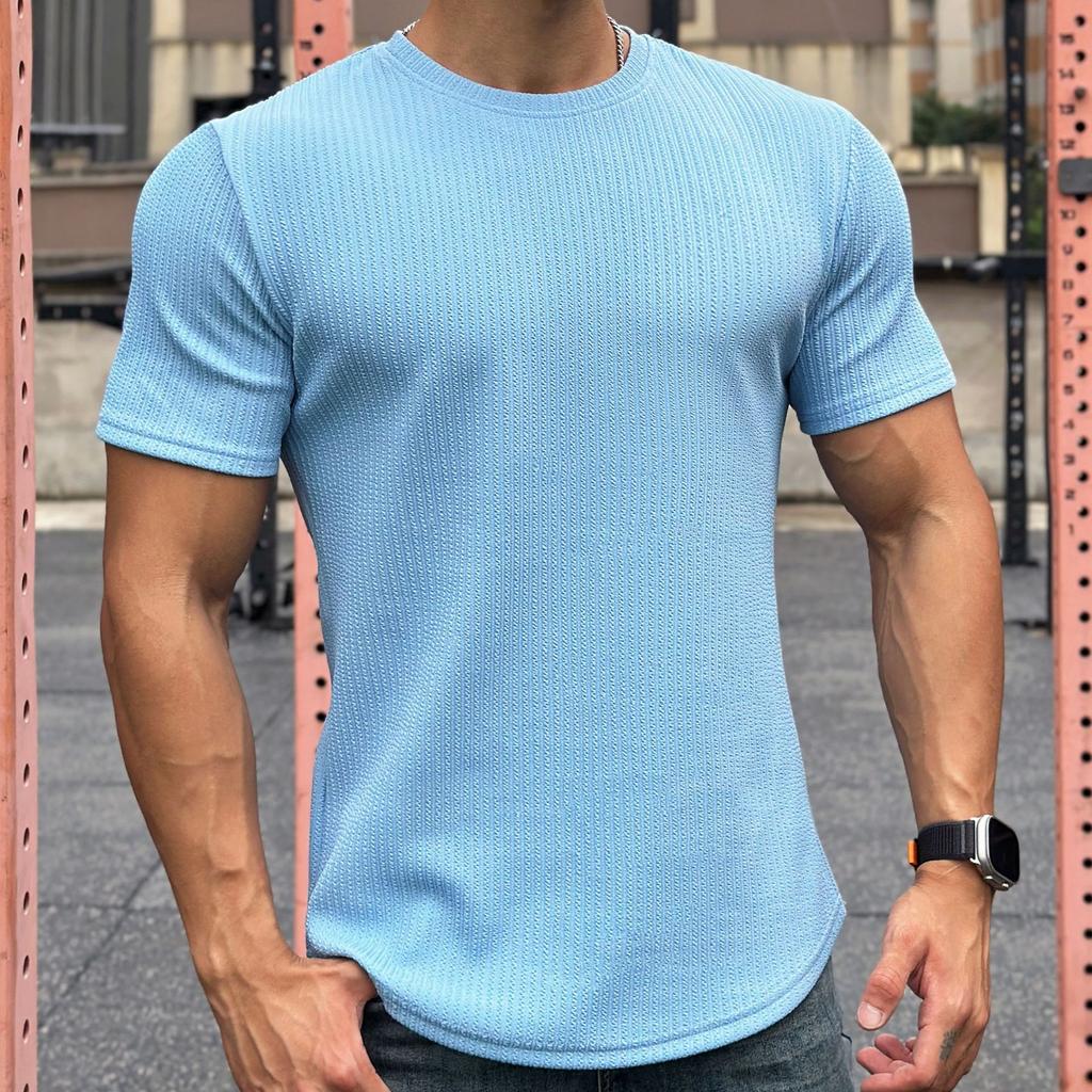 American Style Men's Summer Short Sleeve Slim Fit Fitness Top Solid Crew Neck Training T-shirt