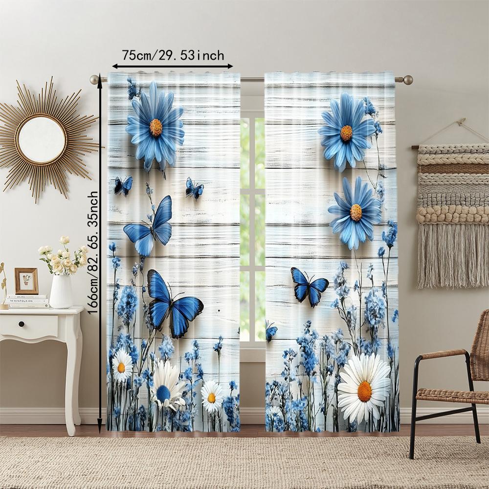 Set Of 2 Rustic Versatile Polyester Transparent Curtains Home Decoration Blue Butterfly Daisy Use Bedrooms Curtain Perfect For Bedroom