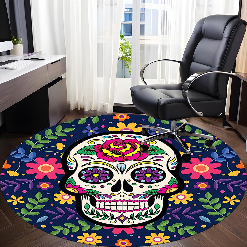 1pc Sugar Skull Decor Carpet, Round Non Slip Durable Large Size Office Carpet, Suitable for Office