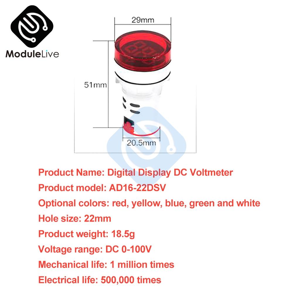 22MM Digital Display Mini Voltmeter DC 12V 220V AC Round Square Ampere Current Volt Voltage Meter LED Signal Light indicator