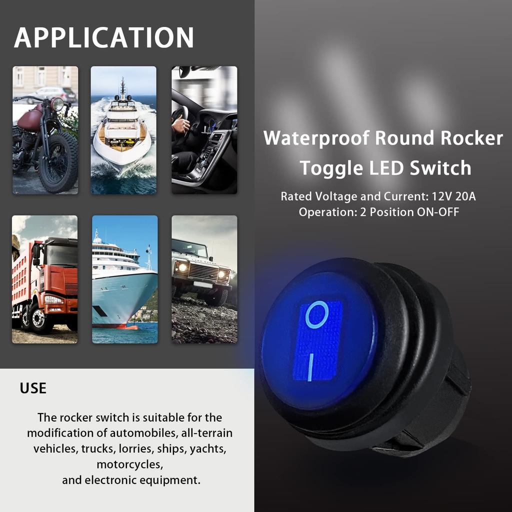 Mankk 4Pcs Round Rocker Switch 12V Waterproof Toggle Switch SPST 3 Pin ON/Off Blue LED Lighted with Pre-soldered Wires for Car Auto Boat Trucks