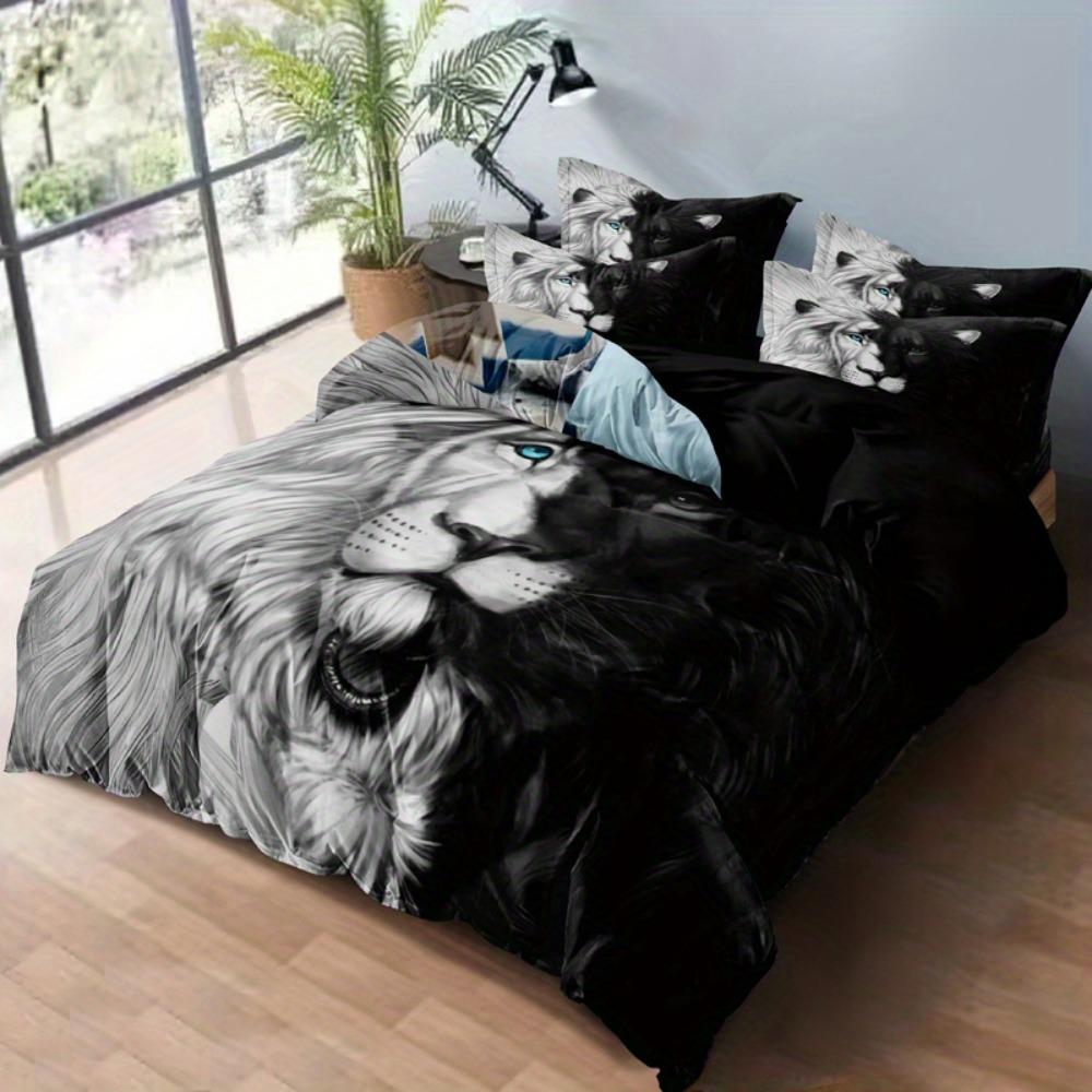 3pcs Bedding Set Black Gray Lion Printed Cozy Soft Duvet Cover King Queen Twin Size Birthday Gift for Boys Adult Bedroom Decor