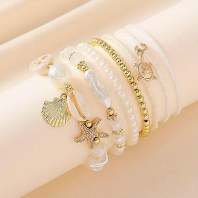 Bohemian Beaded Sea Turtle & Starfish Bracelet Set with Shell and Pearl Accents