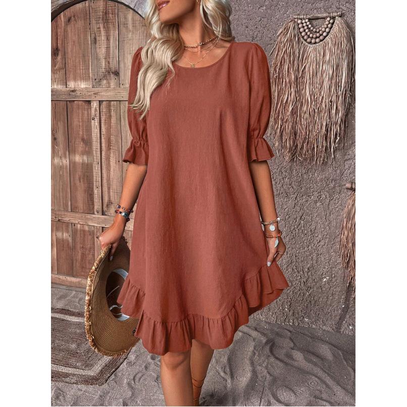 Women's Vintage Cotton Linen Medium Sleeve Round Neck Solid Colour Loose Swing Dress Women