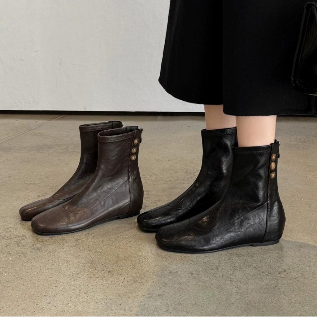 Retro style round head elastic short boots for women's autumn and winter new inner height increase simple thin boots brown versatile small ankle boots