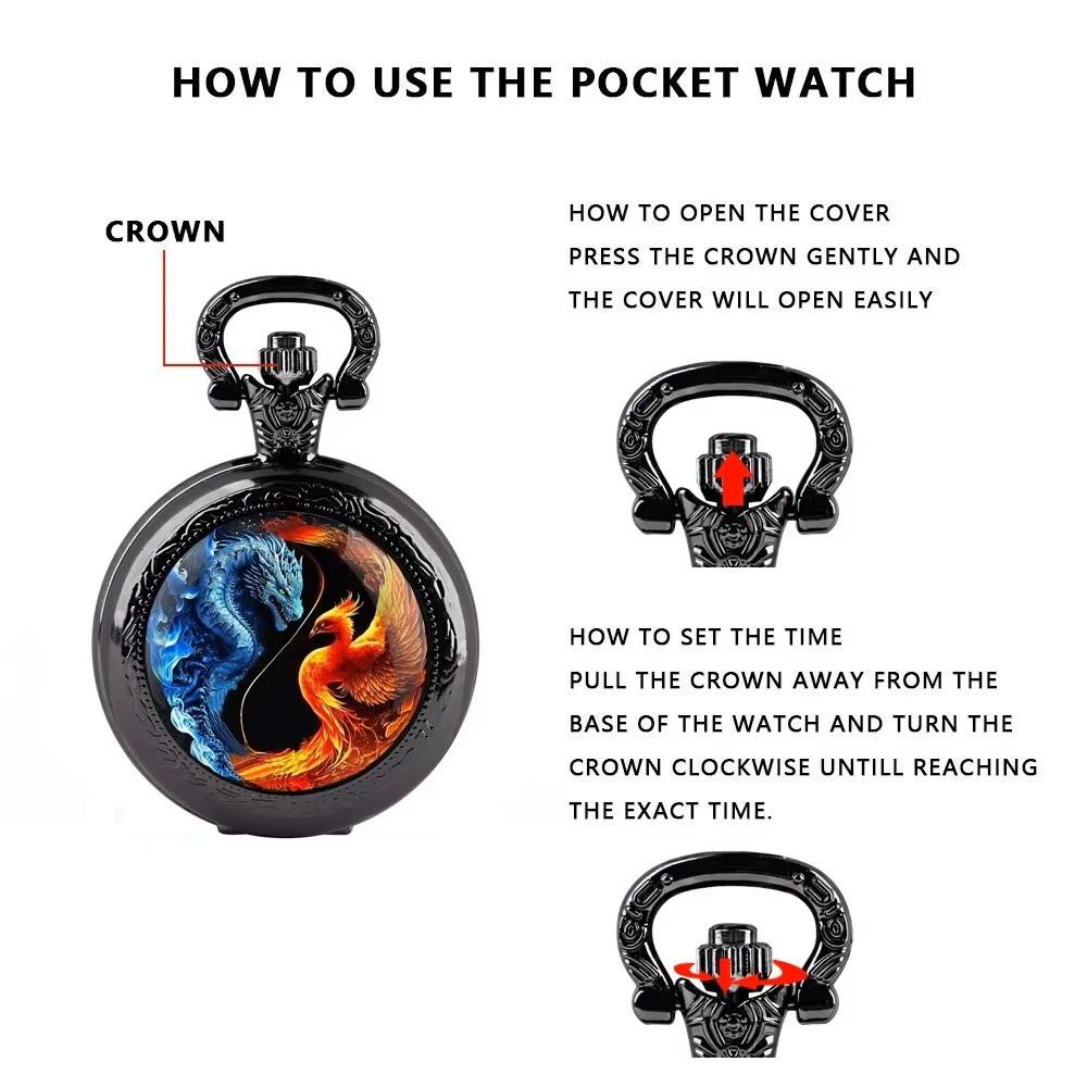 Vintage Retro Dragon Phoenix Chinese Yin yang Quartz Unisex Men Women Pocket Watch Quartz Necklace Pendant Clock Chain  Classic Dial Jewelry Gift