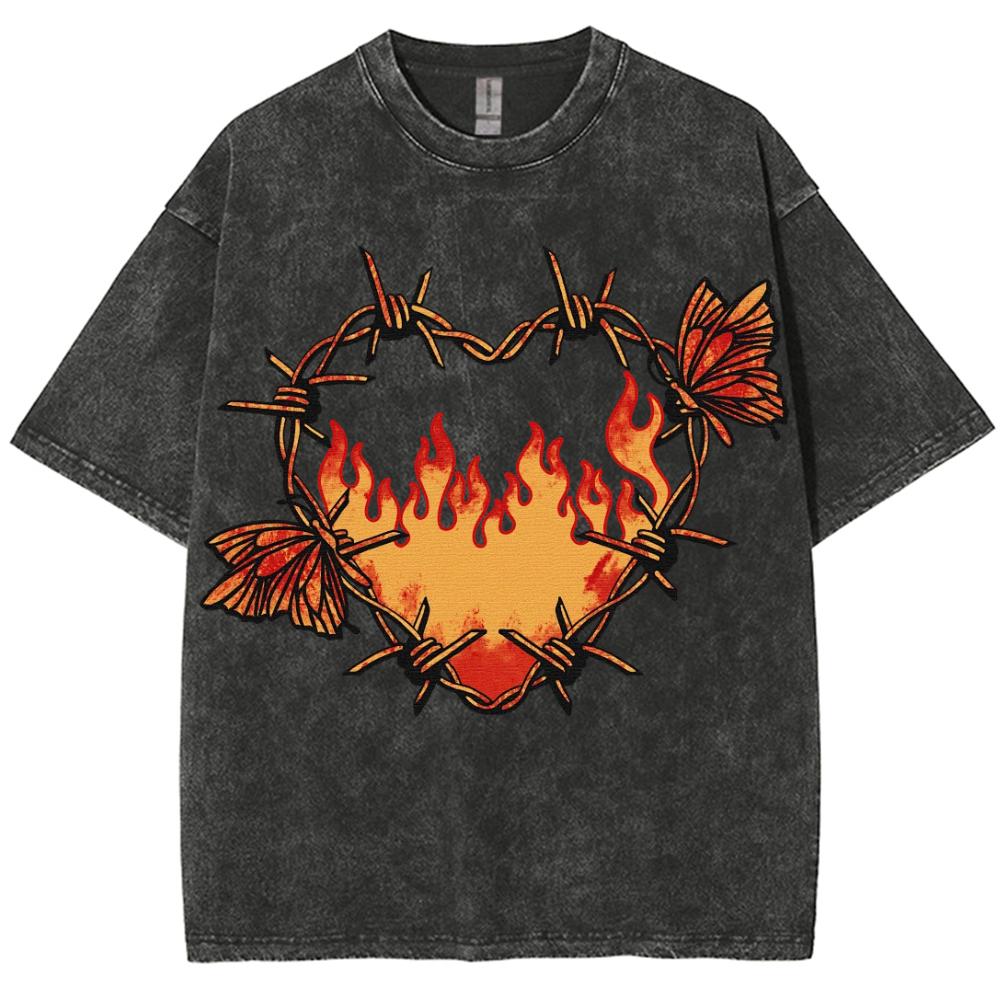 Hearts Wire Around Flame Print Women's T-Shirt Washed Oversized Short Sleeve Romantic Elegant Design Top Everyday Tees