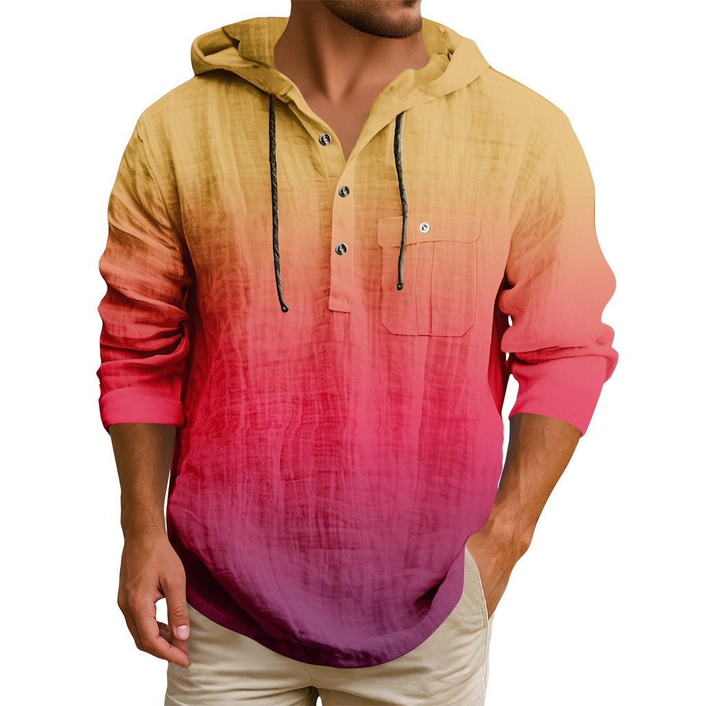 Men's Hooded T-shirt Gradient Color Cotton And Linen Men's Casual Long-sleeved Top