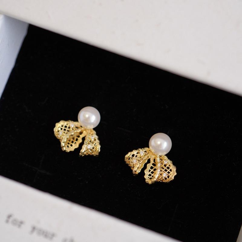 18K real gold electroplated silver needle bow zircon pearl stud earrings exquisite versatile earrings design sense niche earrings