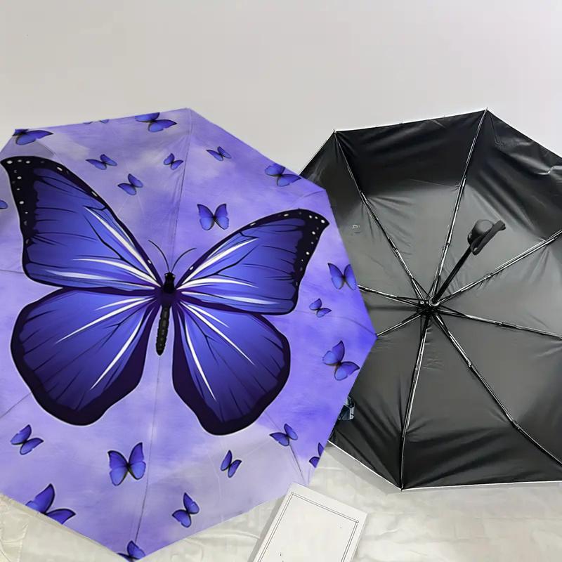 Purple Butterfly Auto Open Close Umbrella - Portable Tri-Fold Design with 8-Bone Iron Frame - - Ideal Gift for Fans, Travelers, Daily Use -