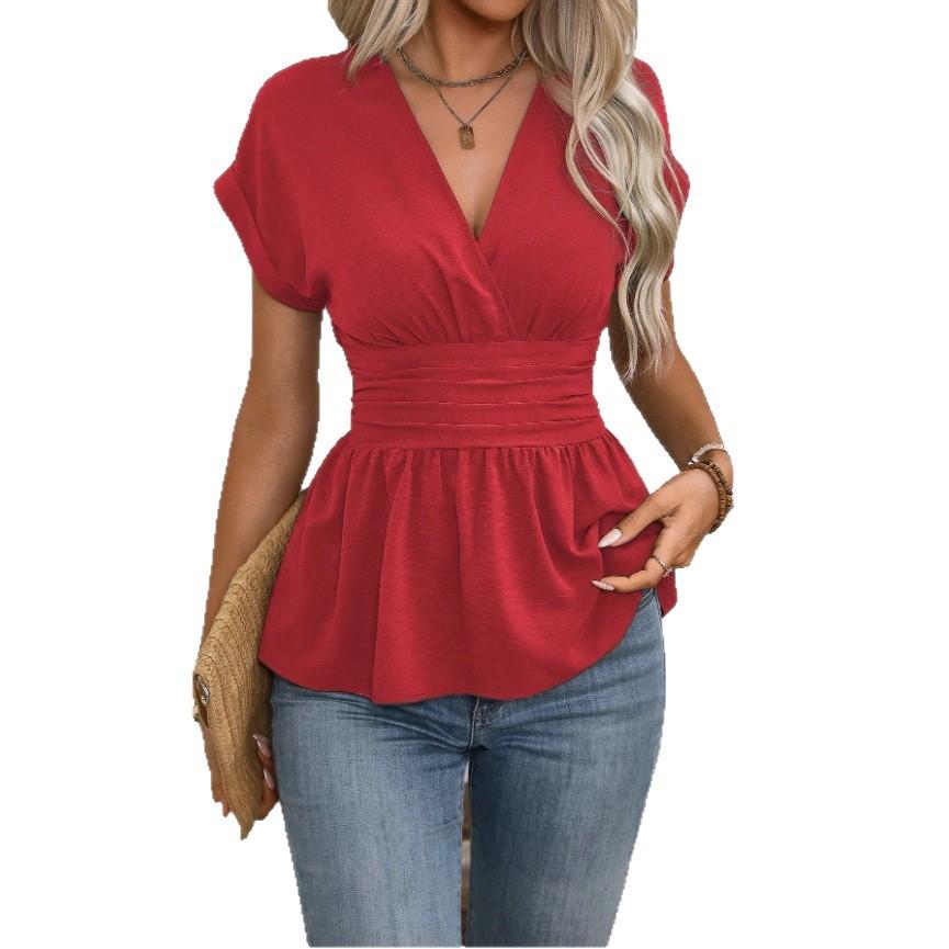 Women V Neck Short Sleeve Wrap Top High Waist Peplum Blouse Elegant Casual Summer Tops