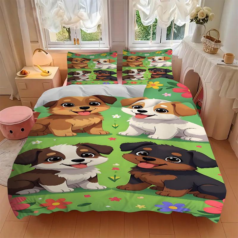 3pcs Cute Puppies Bedding Set - 1 Duvet Cover + 2 Pillowcases(Core Not Included), Machine Washable Polyester yy251216121