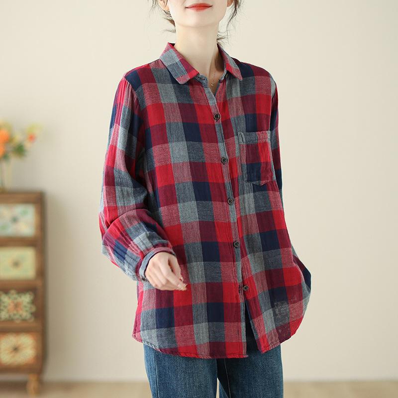 Long Sleeve Lapel Button Down Chest Pocket Shirt Women Art Retro Loose Double-layer Cotton Yarn Plaid Shirts Top for Women