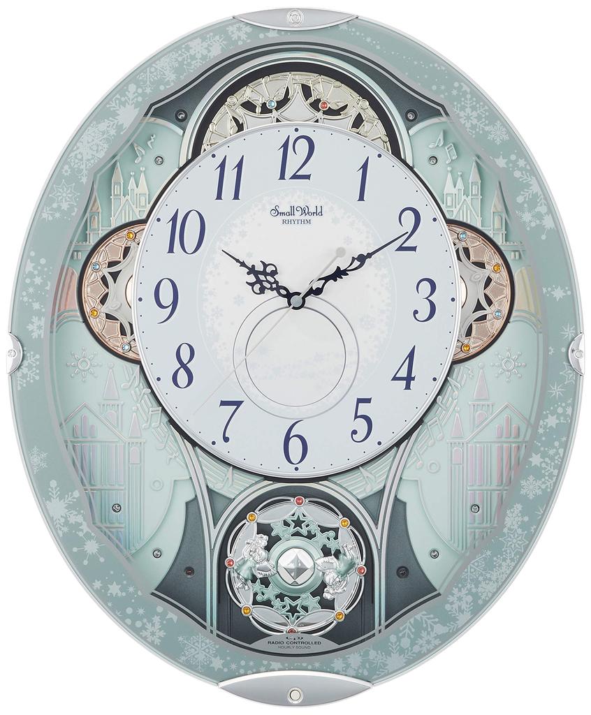 RHYTHM Wall Clock Radio Clock Analog Karakuri 30 Songs Melody Crystal Decoration Blue Small World Bist 4MN537RH04 (Metallic)