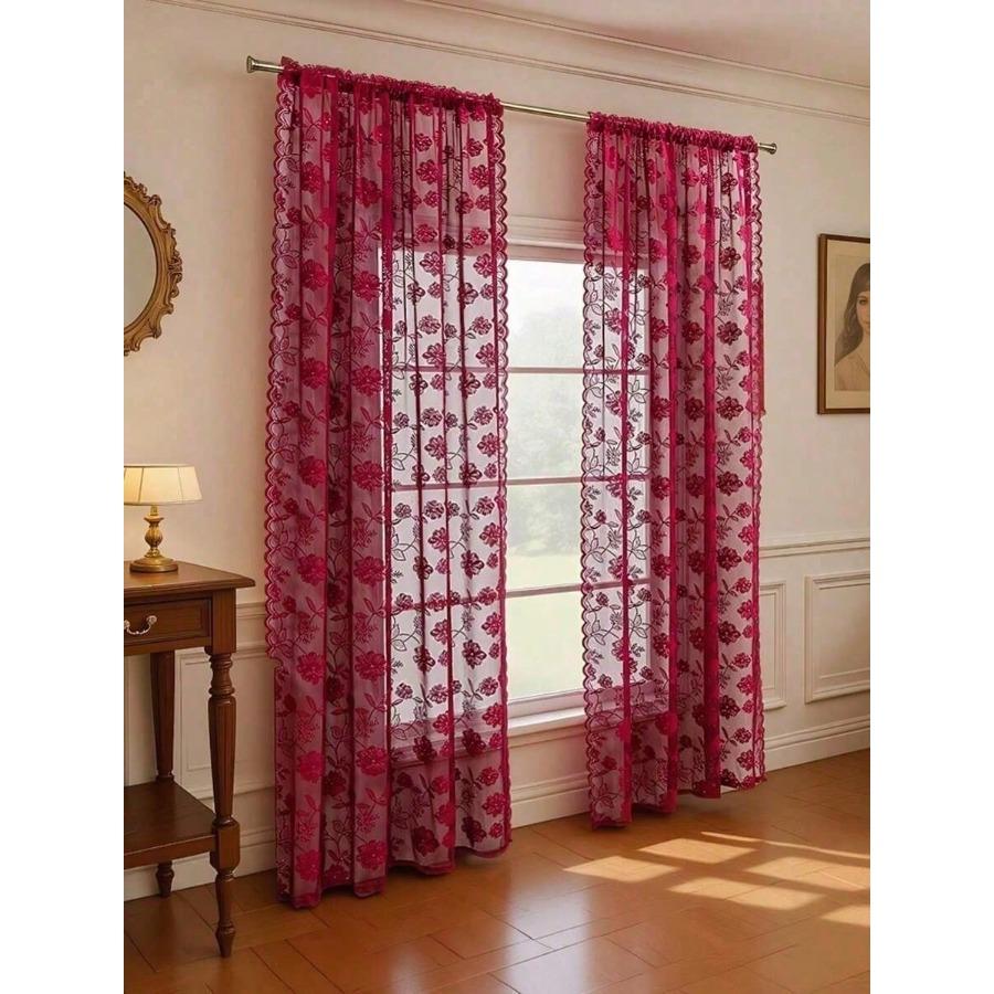 1pc Minimalist Floral Lace Curtain Panel, Home Decor
