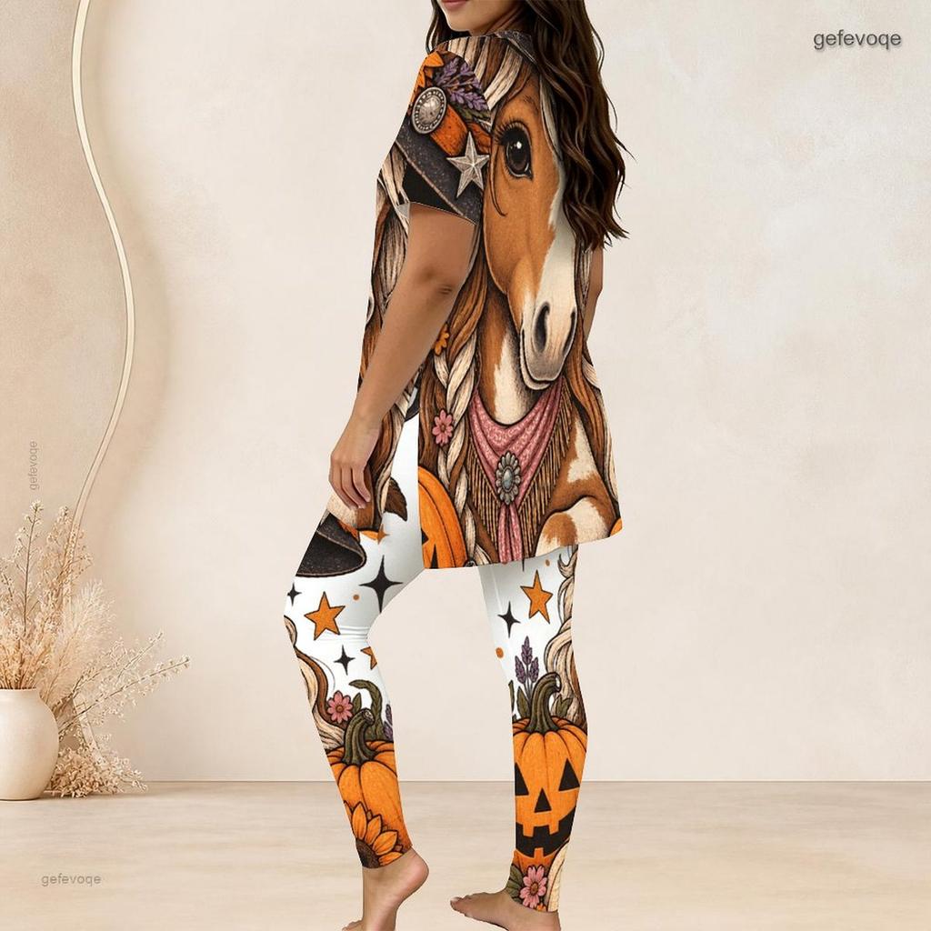 Women Plus Size Two Piece Set Round Neck Short Sleeve Owl Printed Longline Top Fitted Long Pants