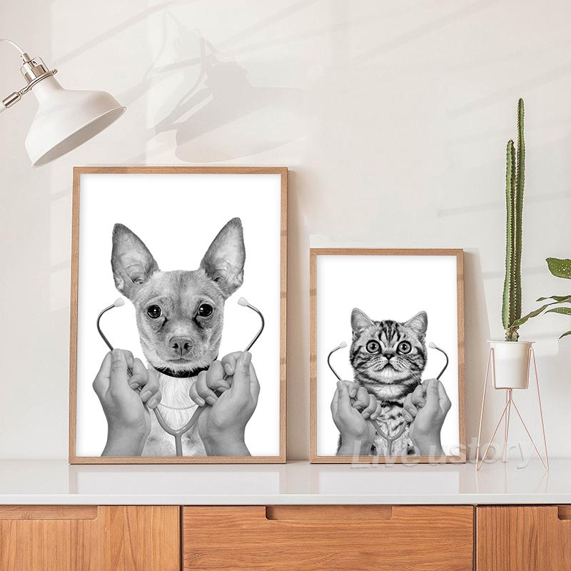Pet Care Art Prints Black White Photography Posters Cat Dog Canvas Painting Animal Clinic Wall Pictures Veterinary Office Decor